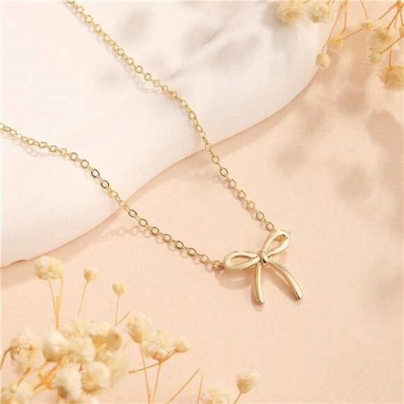Dainty 14K Gold Necklace For Women Cute Small Tiny Bow Pendant Choker Chain - Picture 4 of 8